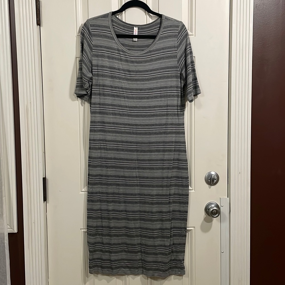 Grey striped Lularoe Julia dress. Size L large, gently used and super comfy!
